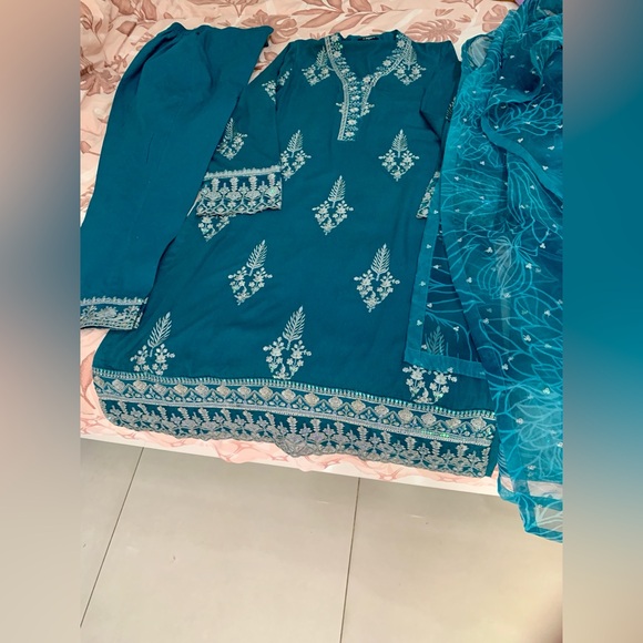 M. BASICS By MARIA. B. Elegant Teal Embroidered Suit - Picture 12 of 16